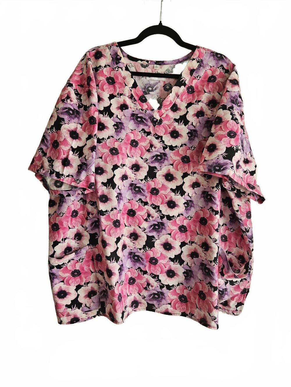 White Cross Floral Print Medical Scrub Top 4X